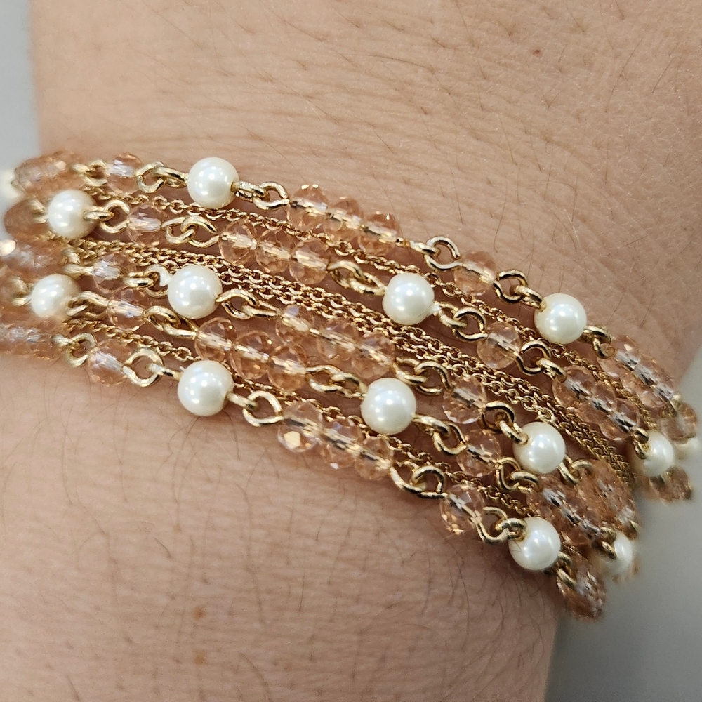 NWT Ralph Lauren Gold-Tone Pink Multirow Glass Pearl & Bead Flex Bracelet